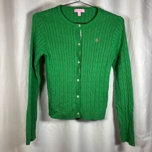 Lilly Pulitzer Girl's Cable Knit Green Cardigan Ribbon Detail Size 14